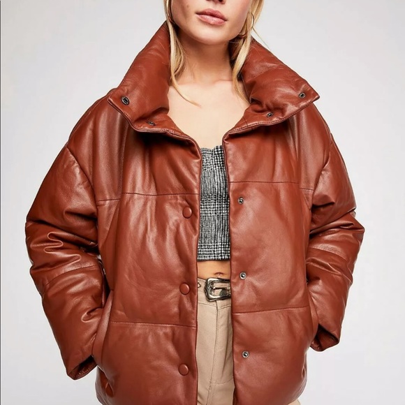 Rare! Free People Leather Puffer Coat Jacket Large - Picture 4 of 4